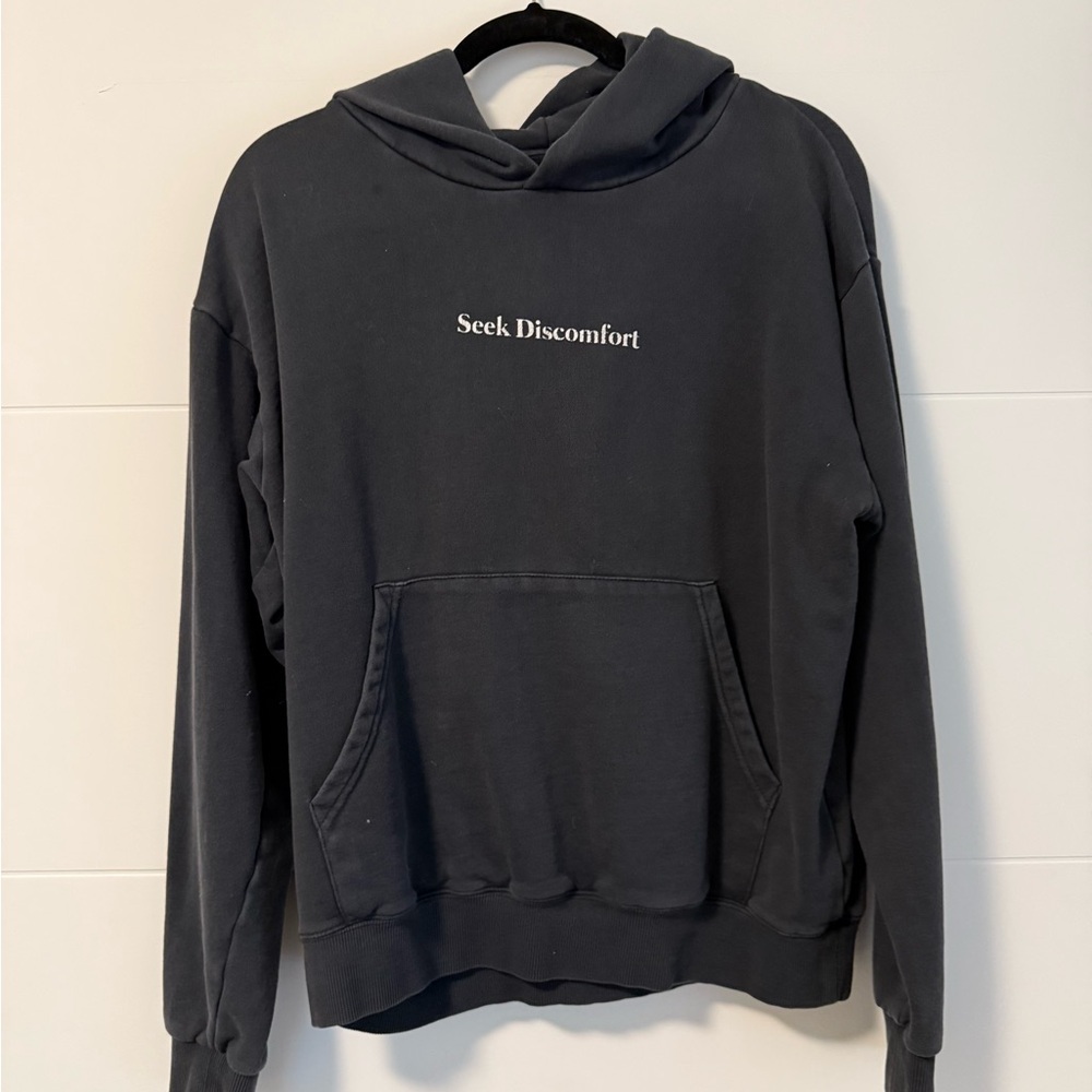 Black Hoodie with 'Seek Discomfort' Print